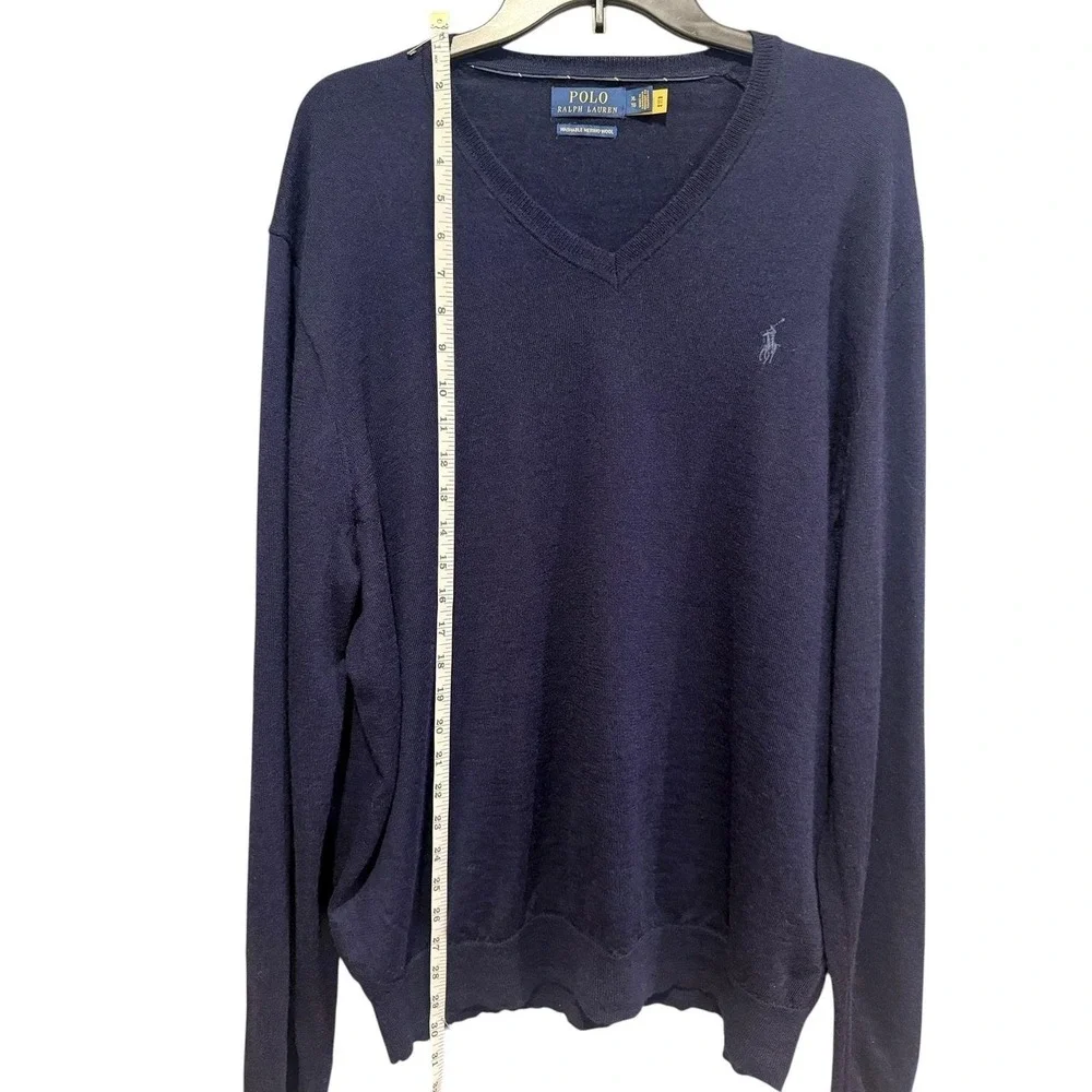 Polo Ralph Lauren V Neck Washable Merino Wool Sweater Navy Blue Men's XL‎